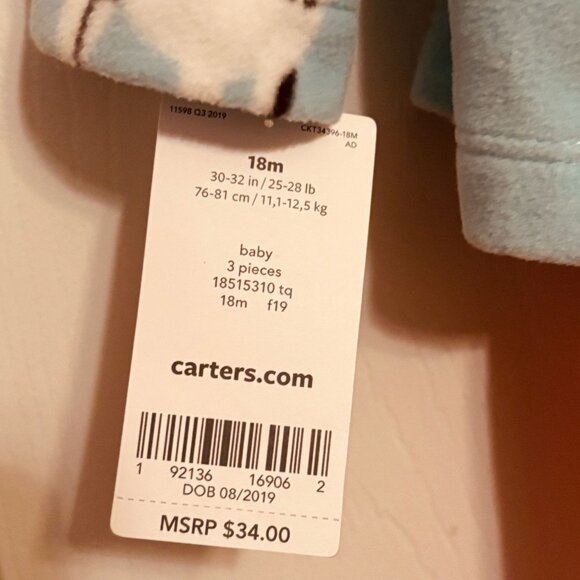 Carter’s Baby Girls 3-Piece Fleece Cardigan Set Turquoise Puppy Print 18M - Picture 7 of 7